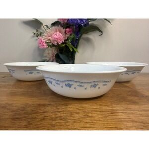 Vintage Corelle Blue Floral Soup Bowls Set White Vitrelle Glass USA Retro